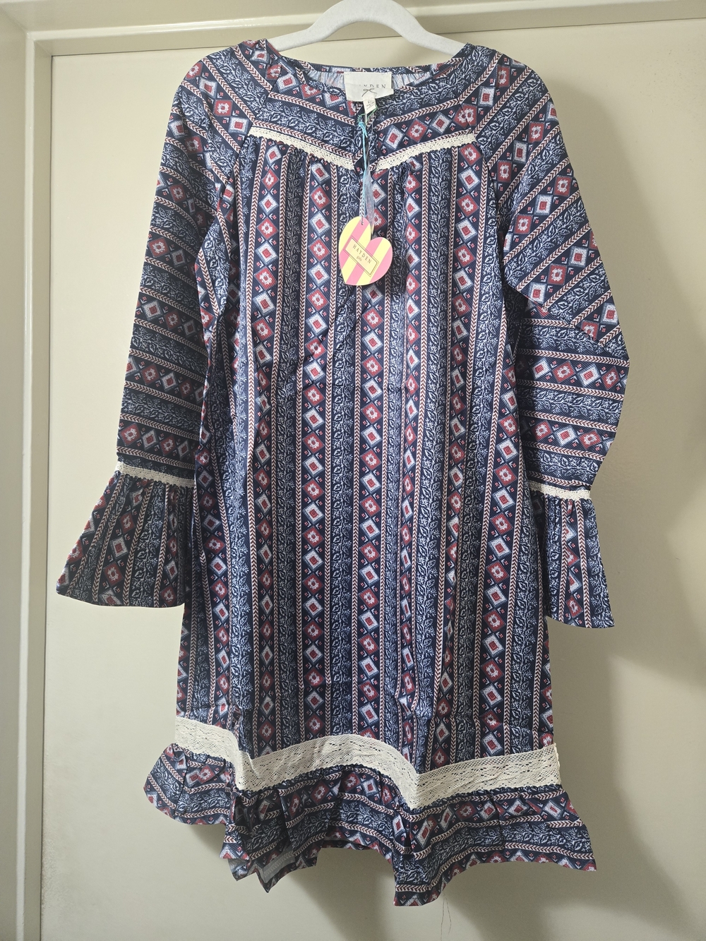 Hayden Girls Navy and Pink Patterned Boho Dress with Lace Trim NWT